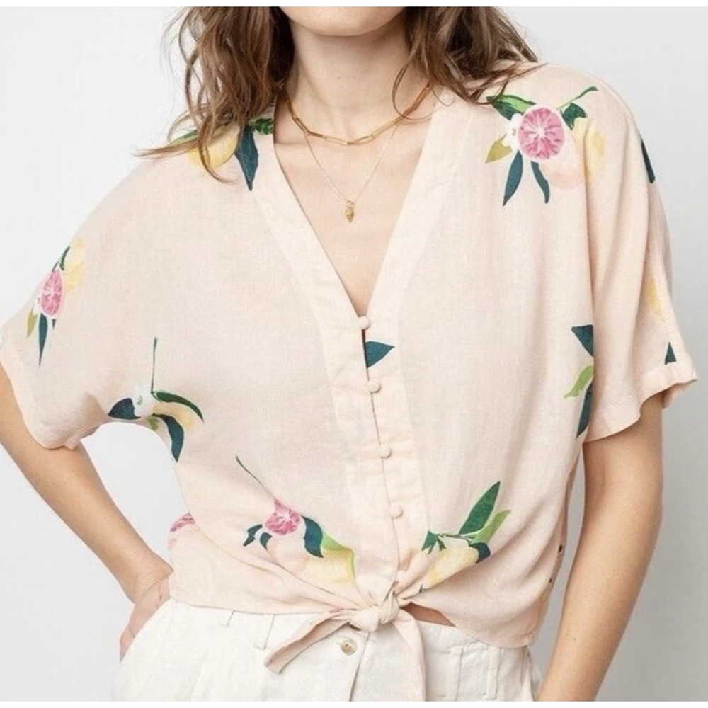RAILS Thea Top Women's Small Short Sleeve Grapefruit button Front Linen Blend